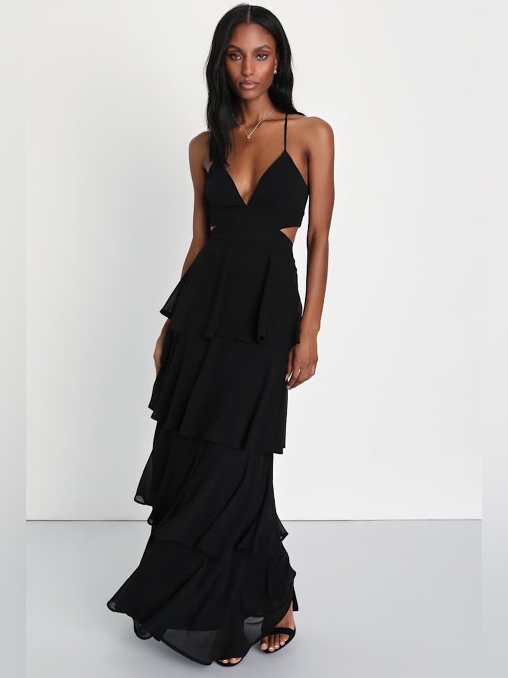 Lulus Tier and Now Black Tie-Back Tiered Maxi Dress Size S NWT